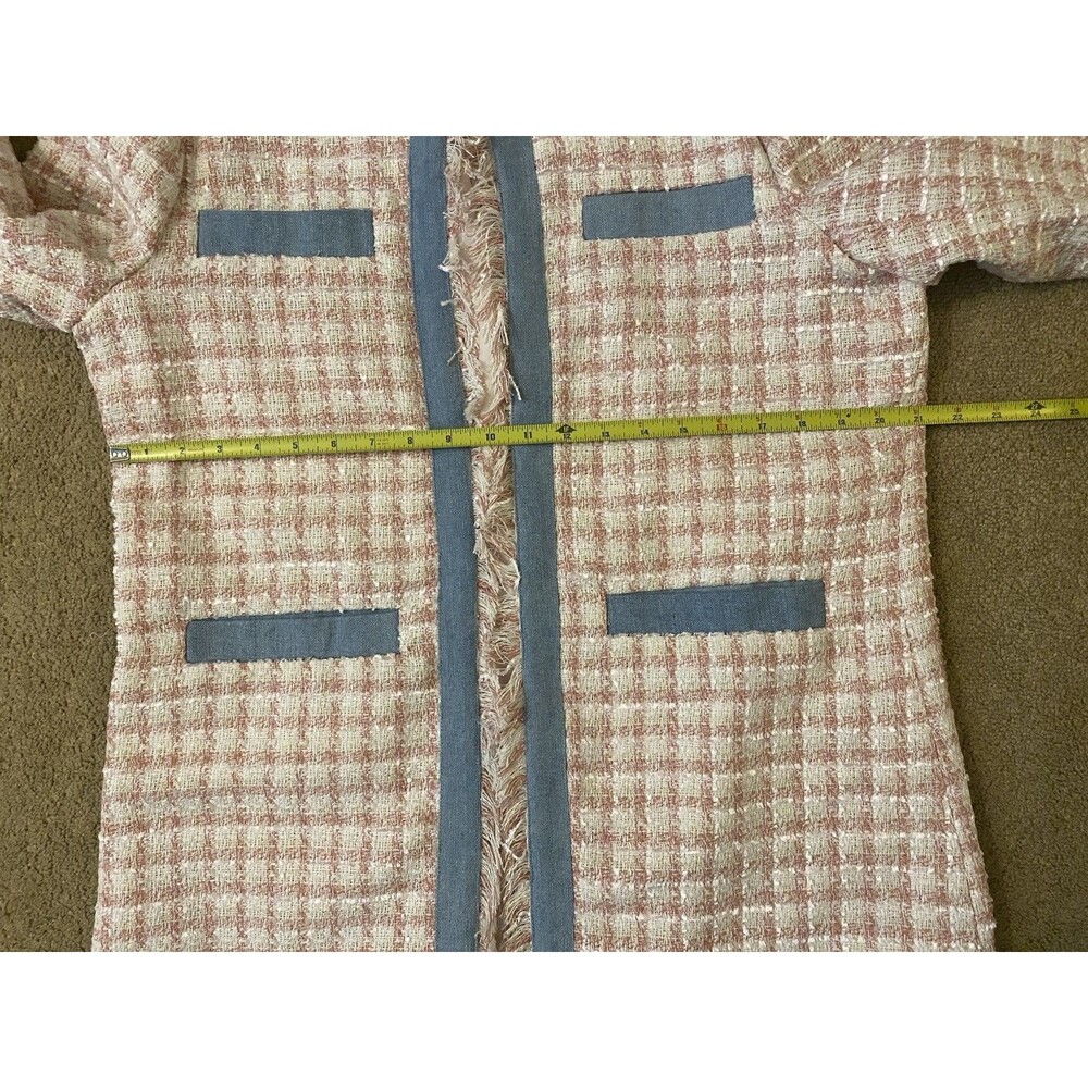 Venus Pink & Pastel Blue Tweed Fringe Open Front Longline Jacket Size 14 - Picture 7 of 16